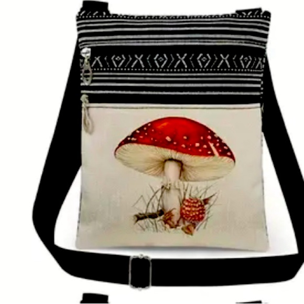 Mushroom sling bag purse Kawaii design 2 zipper satchel boho hippie crossbody